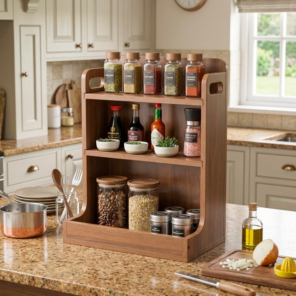 Solid Wood 3-Tier Spice Rack Countertop Organizer Kitchen Storage Shelf - Field & Nook