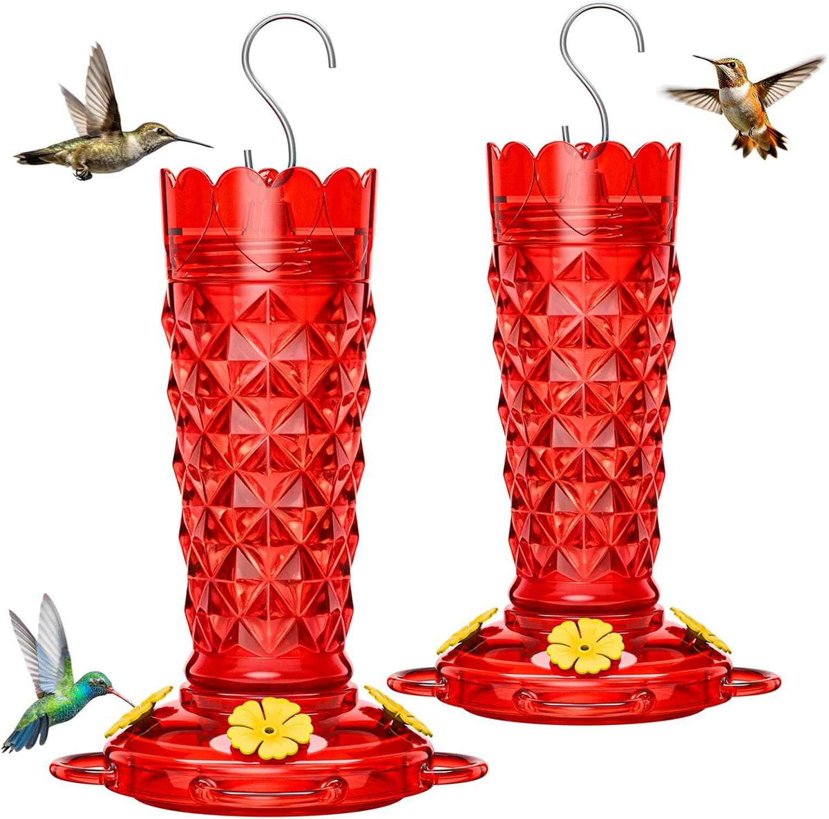 Glass Hummingbird Feeder, 2-Pack 13 OZ Red Hummingbird Feeders for Outdoors with Ant Moats & Bee Guards, Wide Mouth for Easy Cleaning, Leak-Proof Nectar Feeders, Garden Backyard Décor Gifts