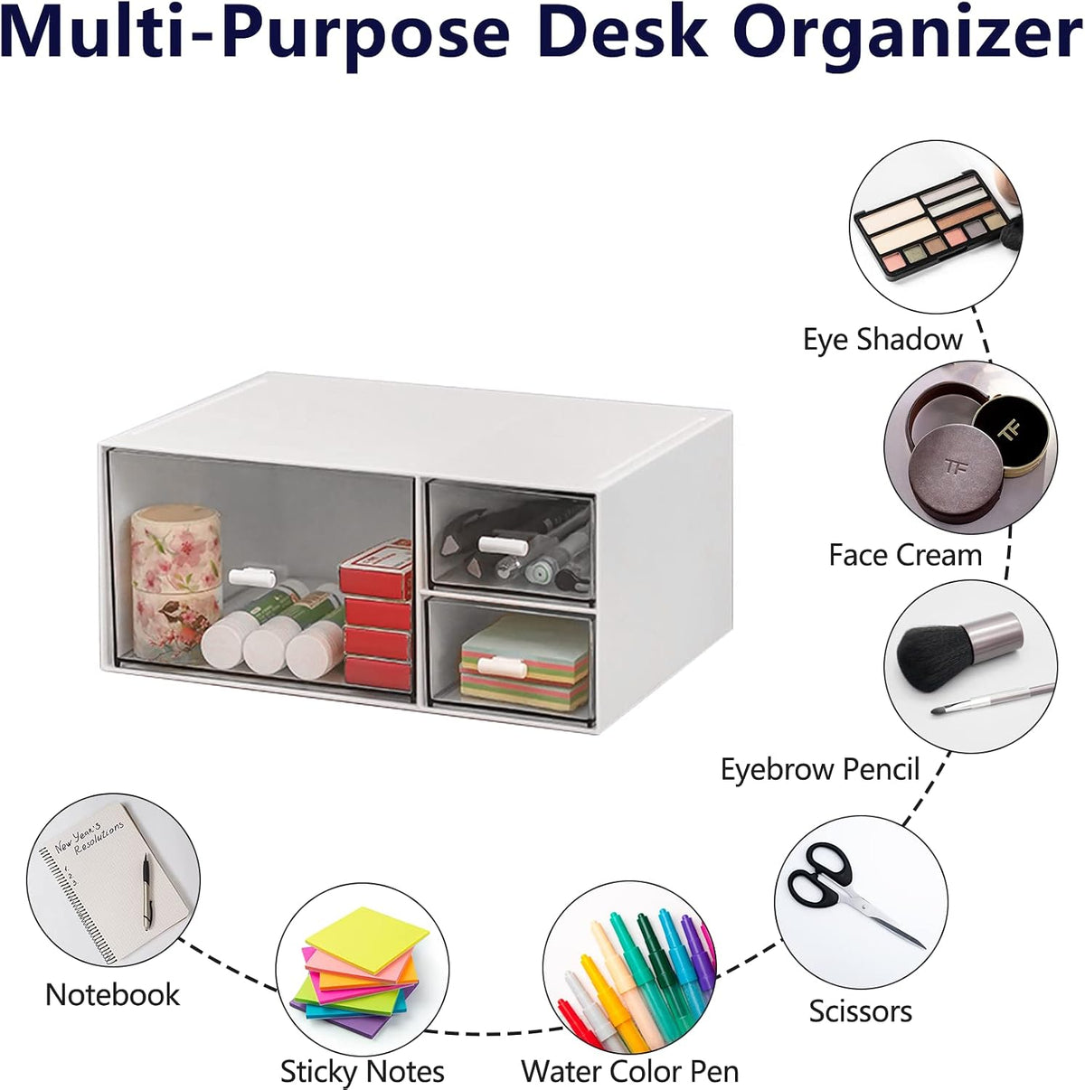 Desk Organizer Stackable Storage Drawers with 3 Compartments Stackable Drawers Great for Desk Storage, Makeup Storage Bathroom Organization Accessories Etc (White) - Field & Nook