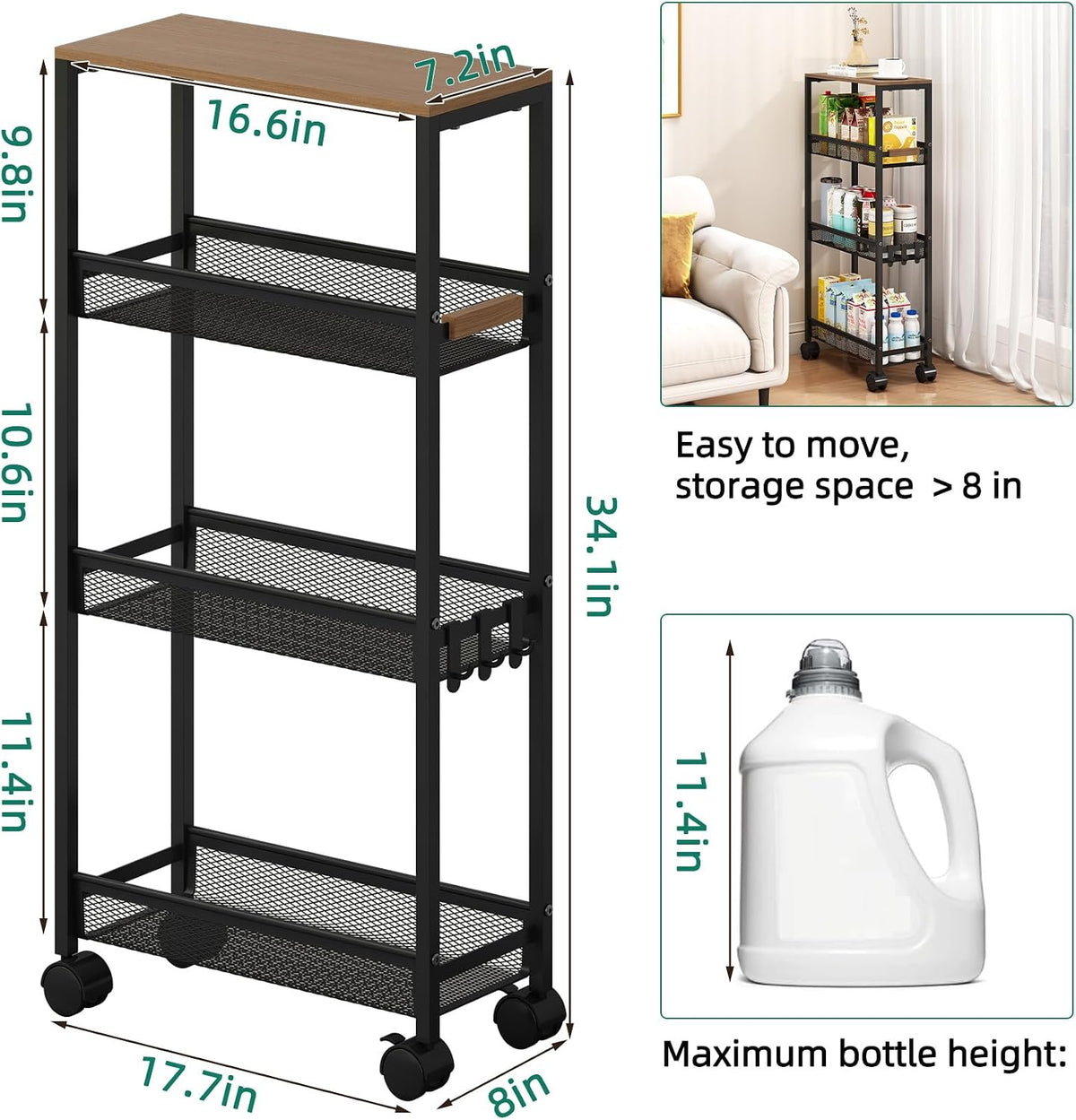 Utility Slim Storage Cart – 4-Tier Rolling Cart with Wheels - Field & Nook