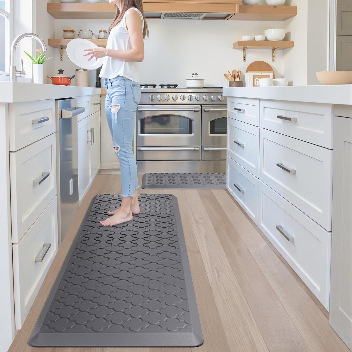 Kitchen Mats for Floor 2 Piece Anti Fatigue Mats, Grey | Kitchen Mats Cushioned Anti Fatigue, 17.3" x 29" + 17.3" x 47", Non Slip Kitchen Rugs, Standing, Office, Sink, Laundry