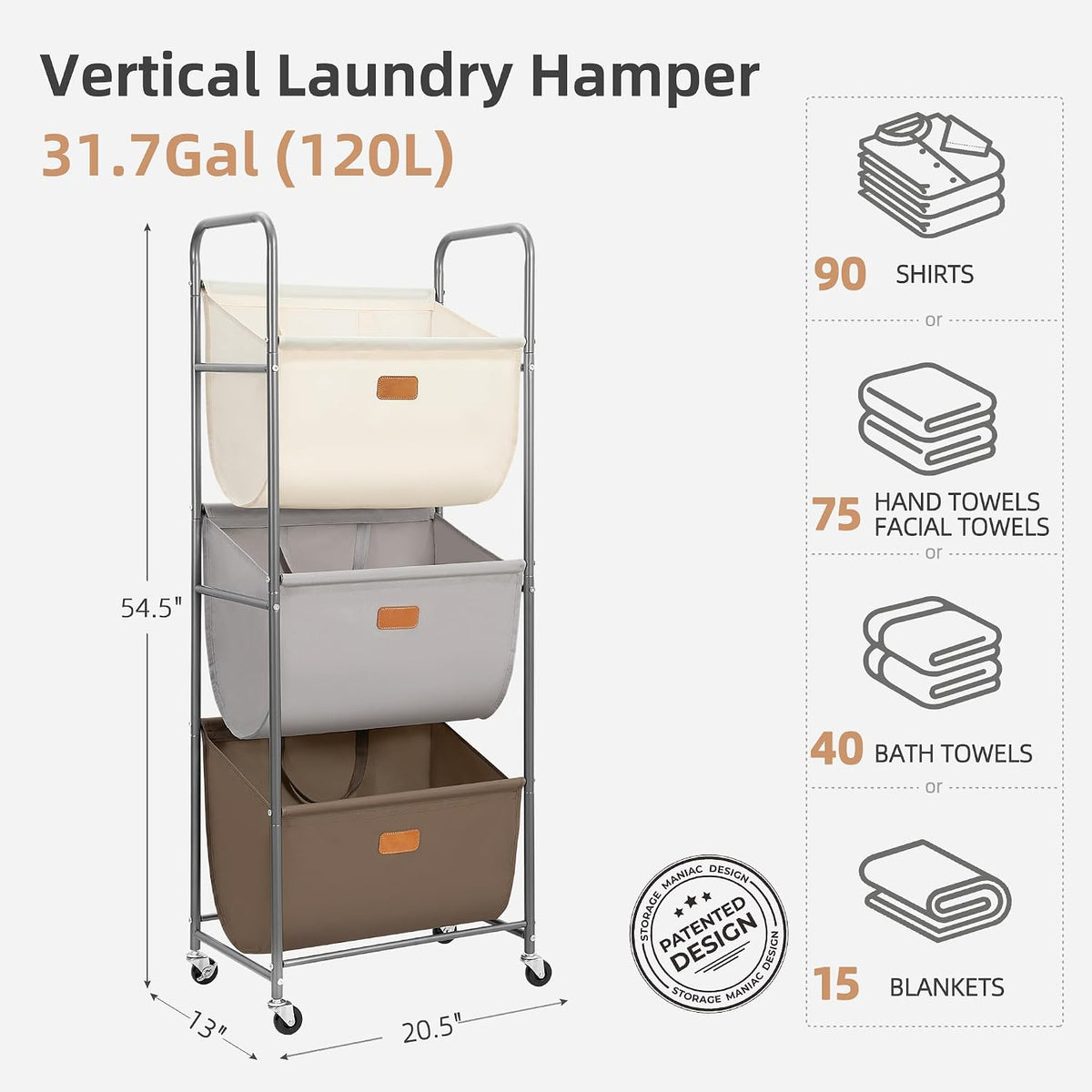 120L Vertical 3-Tier Rolling Laundry Sorter - Field & Nook