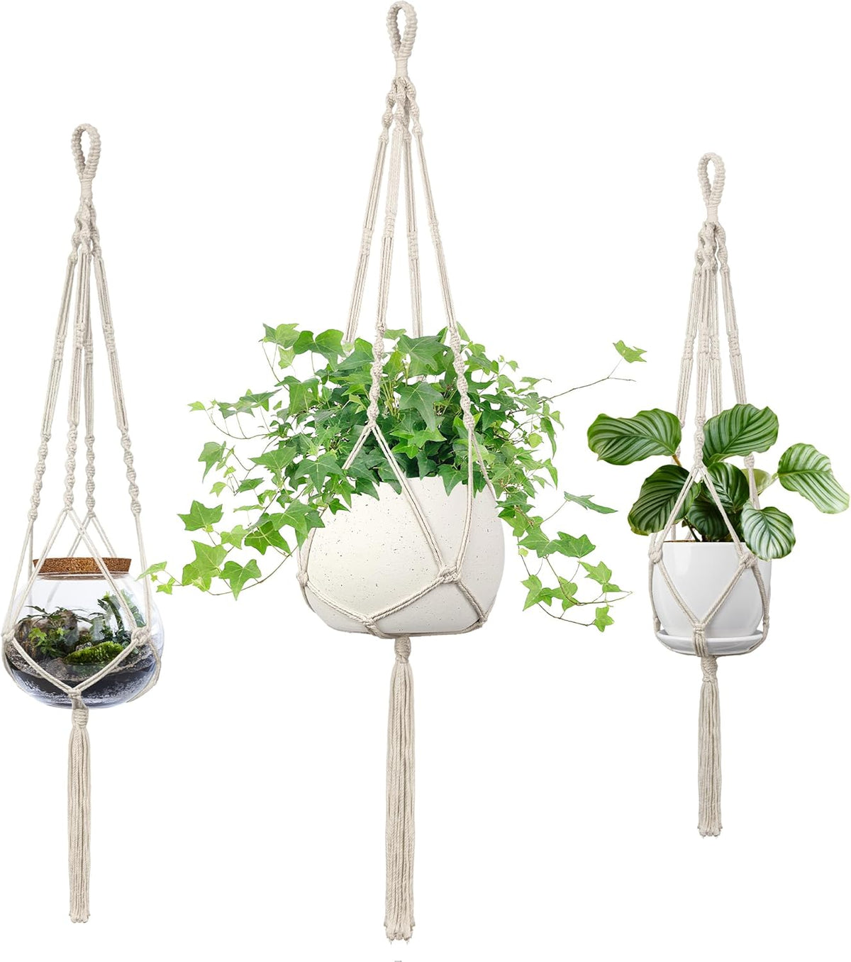 Macrame Plant Hanger, 34"/41"/46" 3 Sizes, Hanging Planters for Indoor Outdoor Plants, Flower Pot Holder with Wood Beads & Tassels for Boho Home Decor, 3 Pack, Ivory