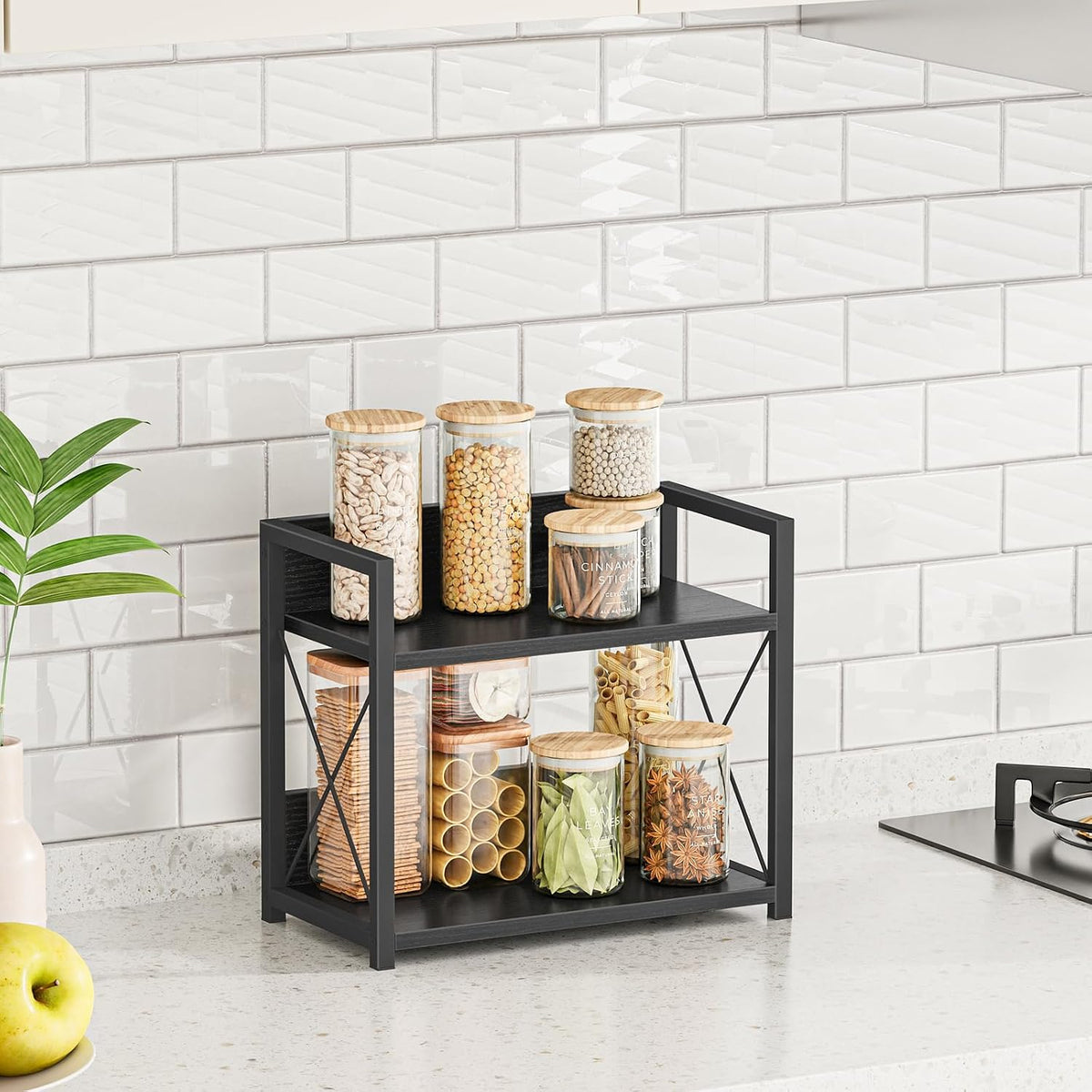 Giikin Kitchen Counter Shelf, 2 Tier Kitchen Spice Rack Organizer for Countertop, Wood Coffee Bar Organizer for Home (Black, S) - Field & Nook