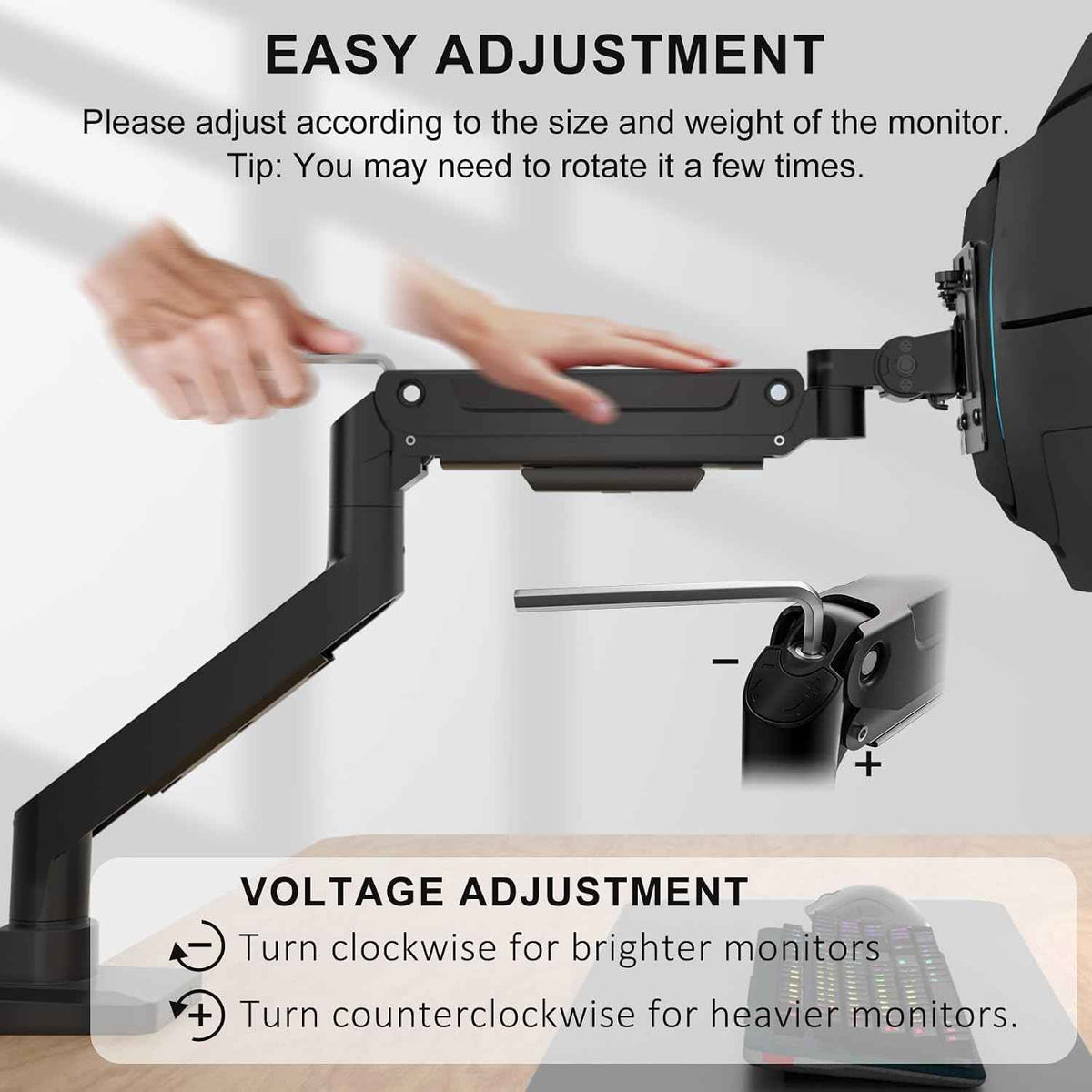 WALI Heavy Duty Monitor Arm for 13-49 inch 1000R Curved Screens，up to 44lbs | Ultrawide Monitor Desk Mount，Full Motion with Tilt, Swivel, Rotation, C-Clamp & Grommet Base, VESA 75/100mm (GSM001XL), Black