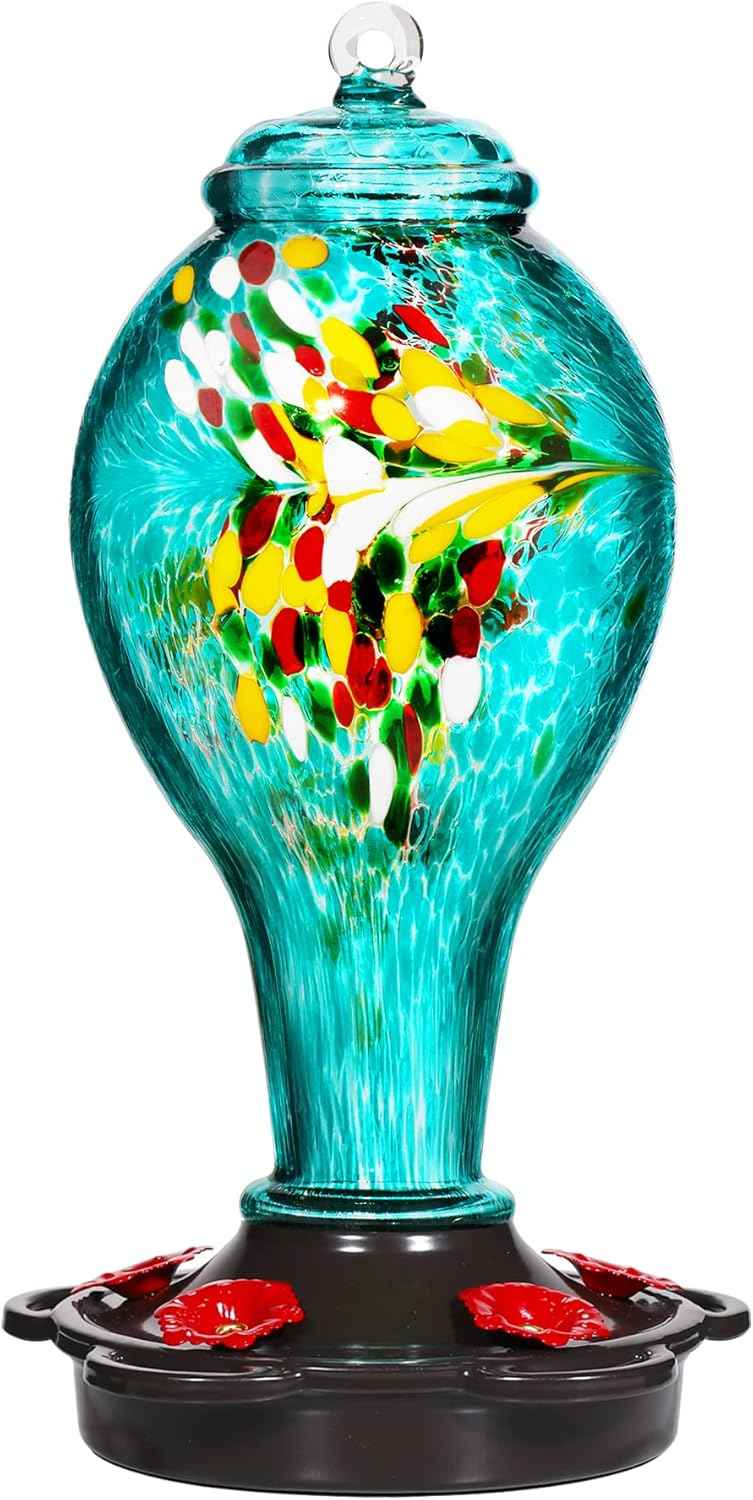 LUJII Hummingbird Feeder for Outdoors, Hand Blown Glass Humming Bird Feeder, Anti Fade Leakproof with 25 Ounces Nectar Capacity, Easy to Install Clean Refill, Include Hook & Ant Moat (Teal)