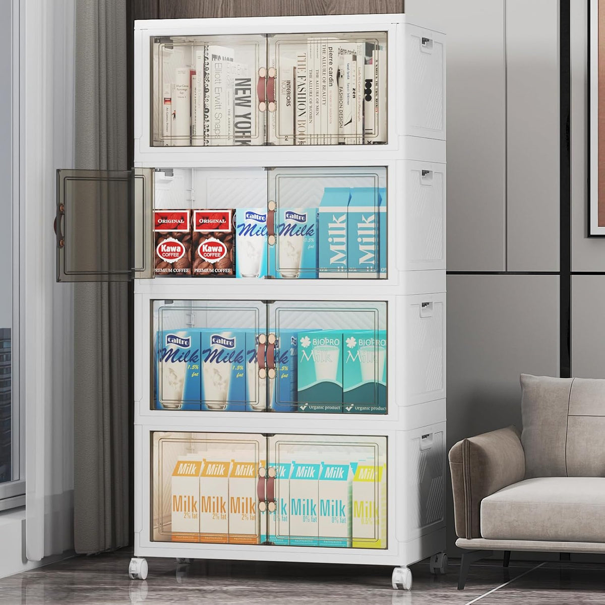Stackable Storage Bins with Lid, 208QT Plastic Cabinet with Wheels | Large Capacity, Magnetic Door, Stack Lock, Rolling Wheels, Foldable Design, Organizers and Storage for Bedroom Dorm Garage - Field & Nook