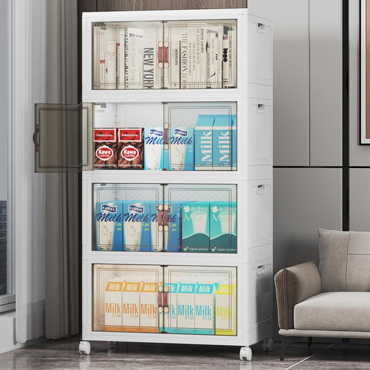 Stackable Storage Bins with Lid, 208QT Plastic Cabinet with Wheels | Large Capacity, Magnetic Door, Stack Lock, Rolling Wheels, Foldable Design, Organizers and Storage for Bedroom Dorm Garage - Field & Nook