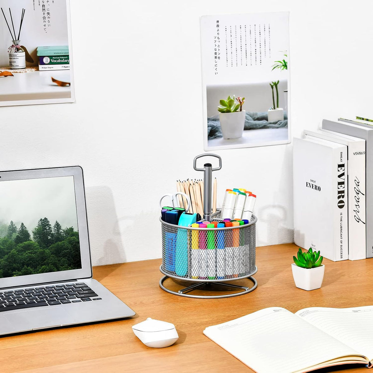 Marbrasse Mesh Desk Organizer, 360-Degree Rotating Multi-Functional Pen Holder, 4 Compartments Desktop Stationary Organizer, Home Office Art Supply Storage Box Caddy (silver) - Field & Nook