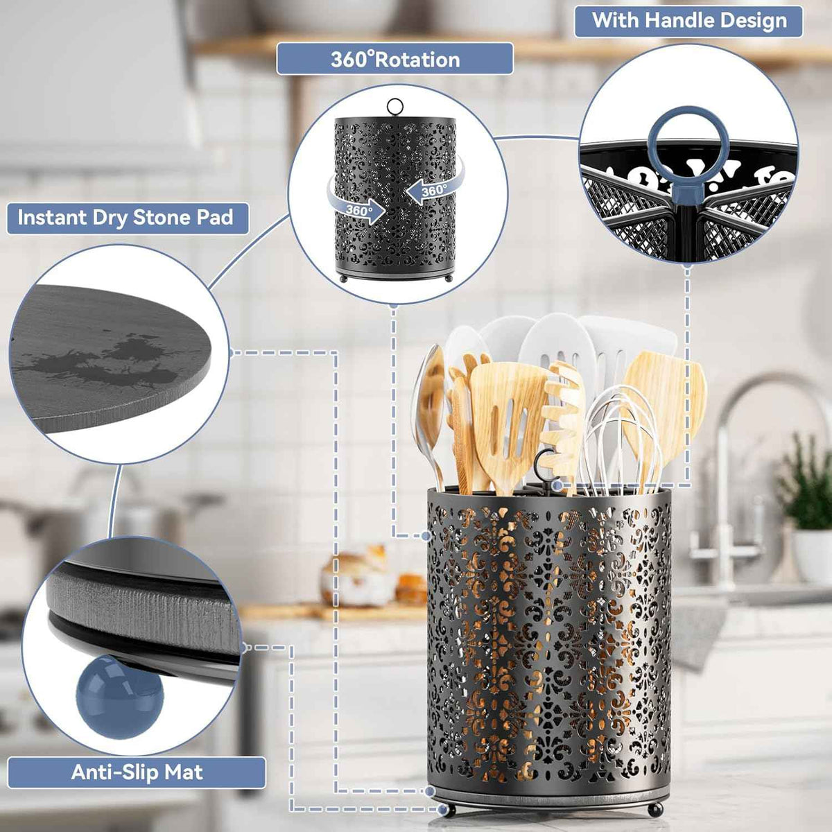 Rotating Utensil Holder, Extra Large, Black