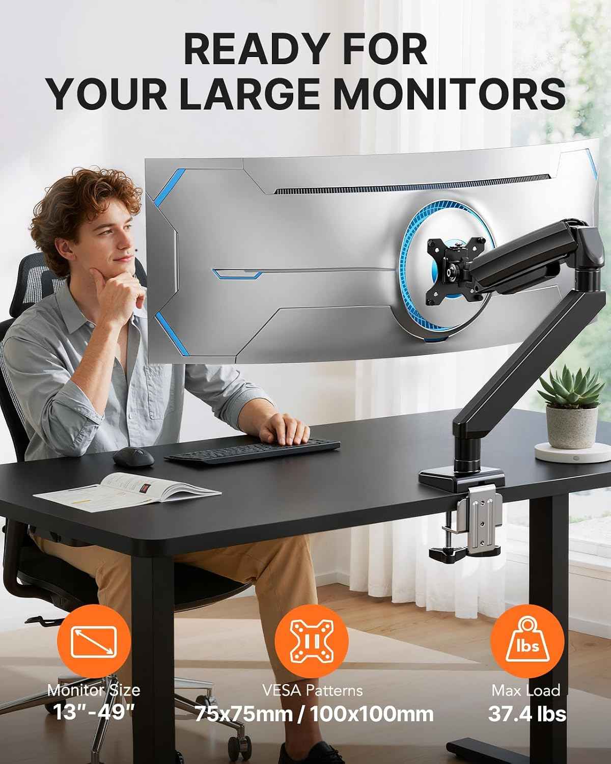 ErGear Heavy Duty Monitor Arm for 13-49″ Ultrawide Screens, 37.4 lbs Capacity, Full Motion Monitor Desk Mount, Rock-Solid Support, Dual C-Clamp & Grommet Mount, VESA 75x75/100x100mm