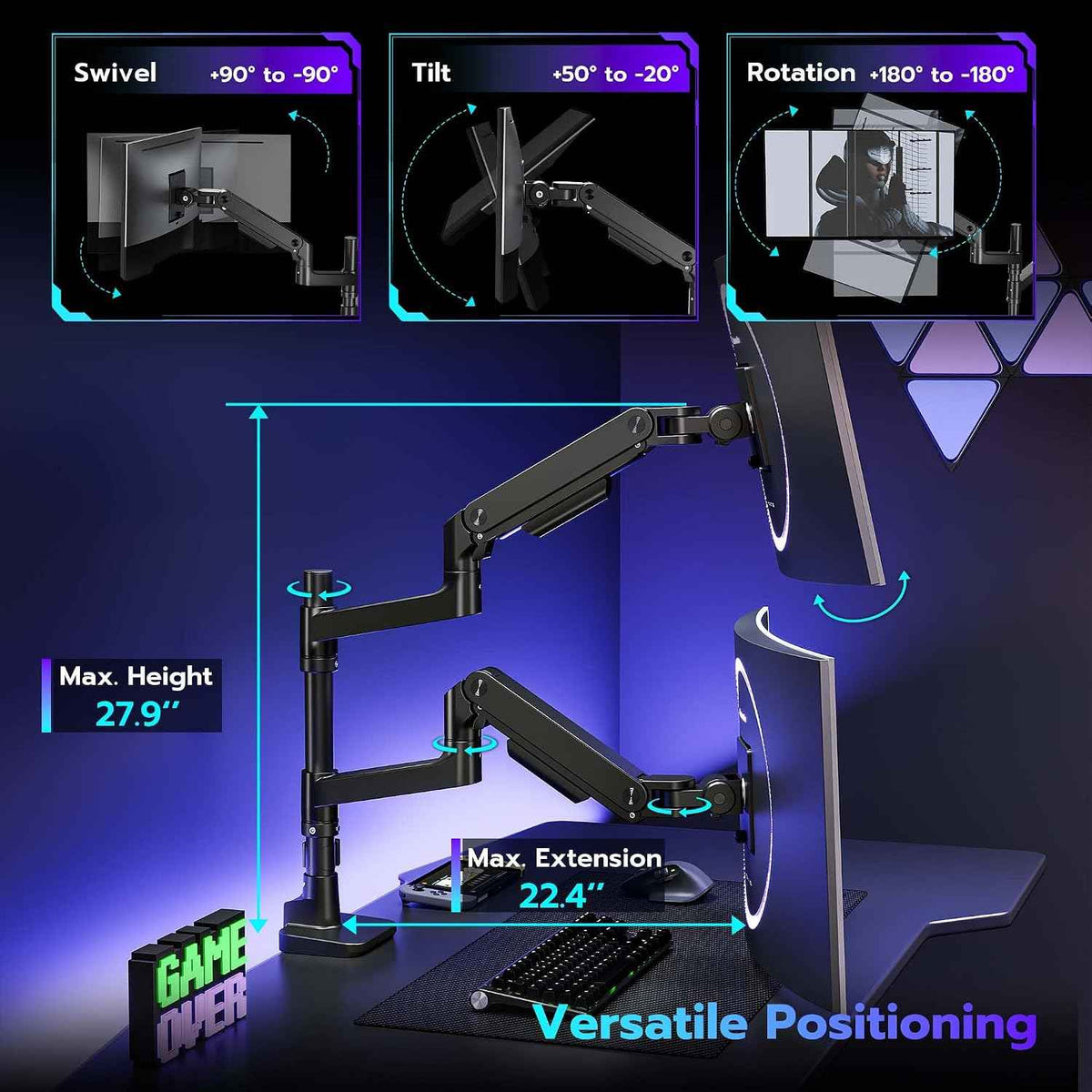 ARES WING Dual Monitor Arm Desk Mount for 17-49 Inch Ultrawide Monitors, Heavy Duty Dual Monitor Mount Holds 44 lbs, Full Motion Gas Spring Vertical Monitor Mount, 75/100 VESA Mount, Black