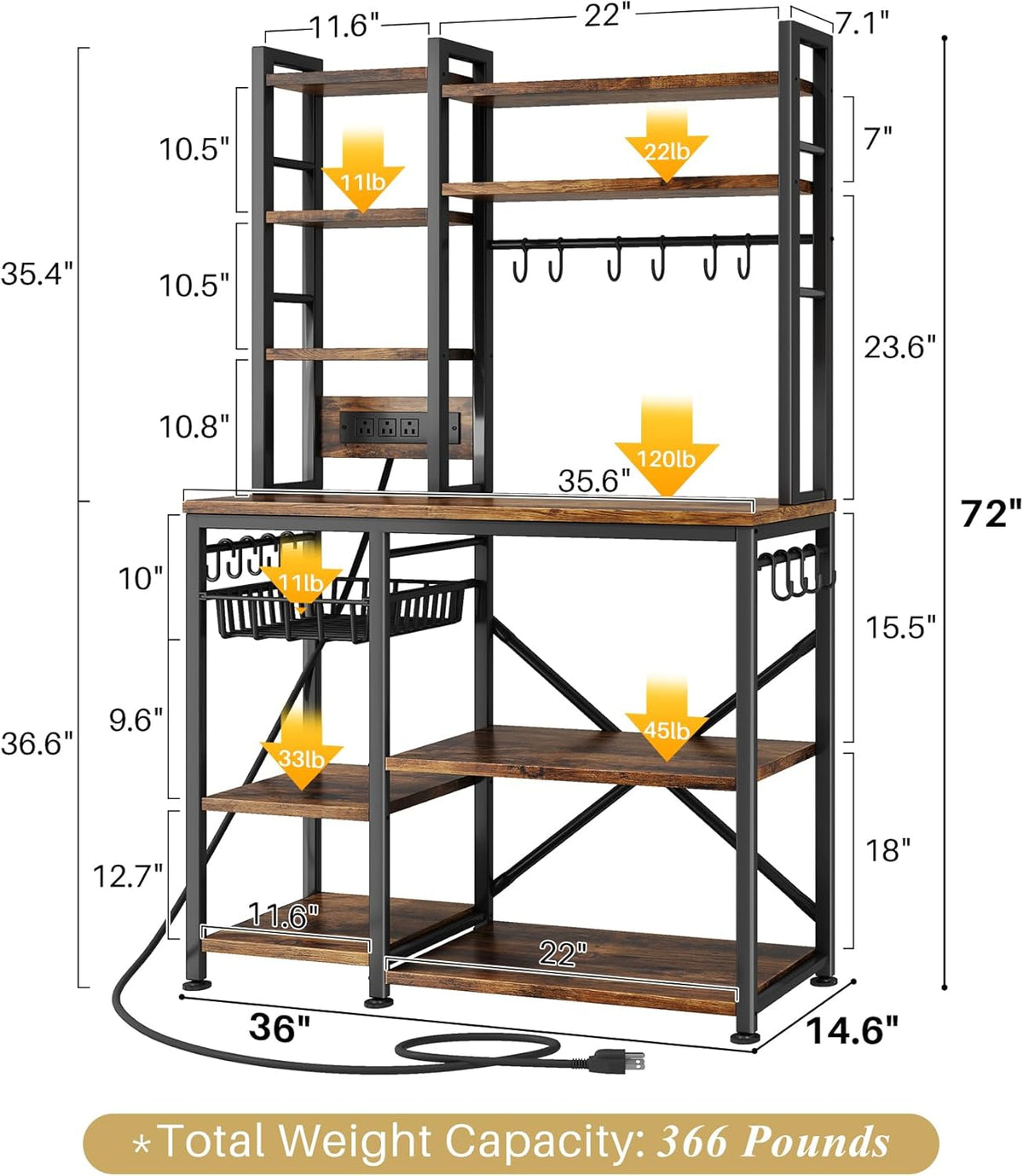 6-Tier Baker's Rack with Power Outlets | Rustic Brown, Metal & Wood, 72" Kitchen Shelf with Pull-Out Basket