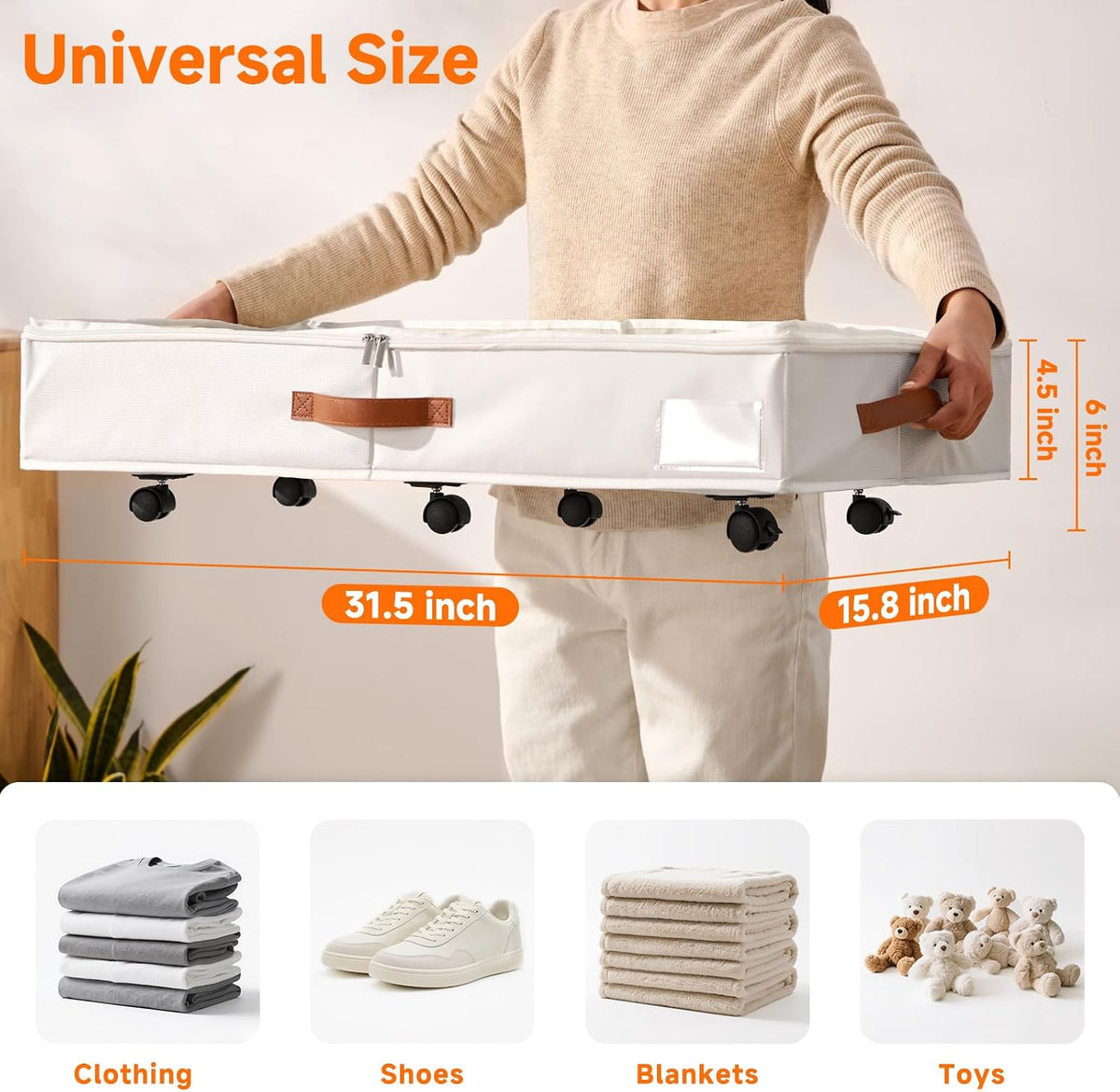 6 Inches Under Bed Storage with Wheels Pack of 2, Underbed Shoe Storage Container Bin with Clear Lid Cover, Rolling Under Bed Drawer Storage Bag Basket for Shoe Organizer Sheet Sweater - White - Field & Nook