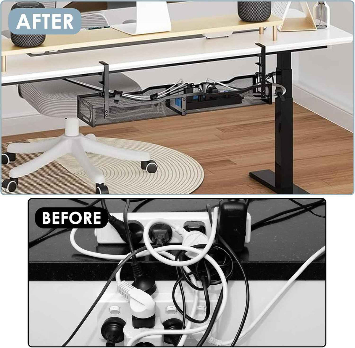 25-Inch Under-Desk Cable Tray – No-Drill Clamp-On Metal Cord Organizer, Black