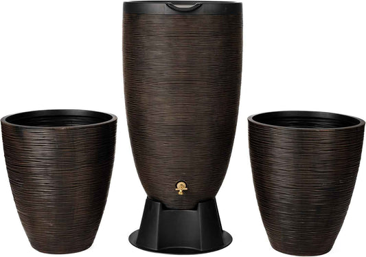 Newport 50‑Gallon Flat‑Back Rain Barrel with Stand & Planter Bundle – Bronze | Removable Lid, UV-Stabilized Outdoor Water Storage