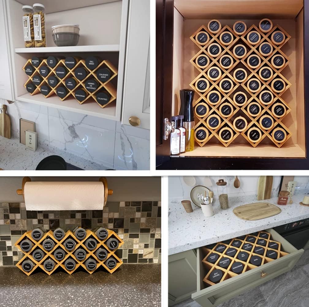 Bamboo Criss Cross Spice Rack Organizer for Cabinet, Wood Seasoning Rack Spice Holder, 18-Jar Spice Rack Tower Spice Storage for Kitchen Countertop Drawer-Jars Not Included - Field & Nook