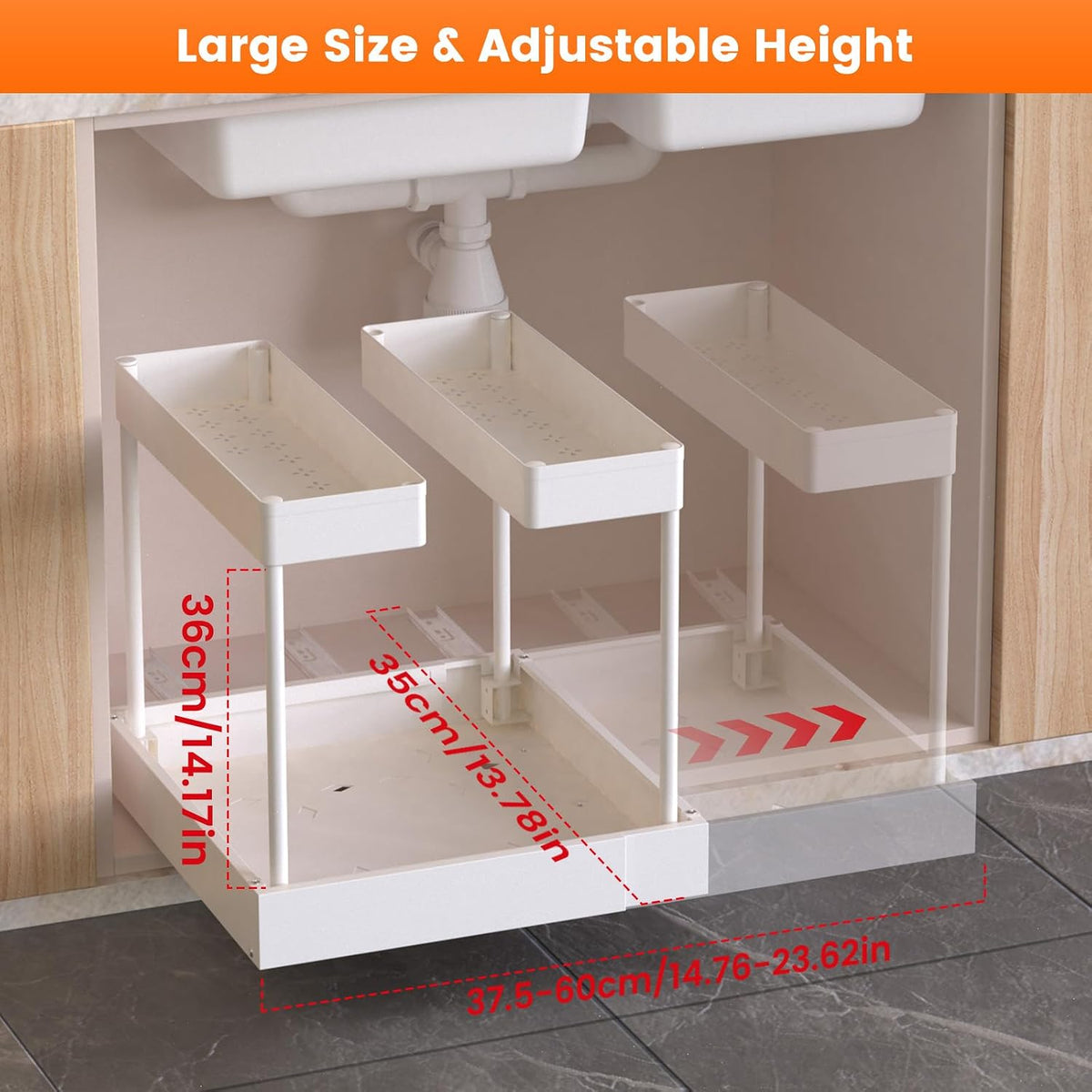 Expandable Under Sink Organizers and Storage,Width Adjustable (14.9-23.6IN),No Drill 2-Tier Pull Out Under Cabinet Organizer for Kitchen Bathroom Laundry White - Field & Nook