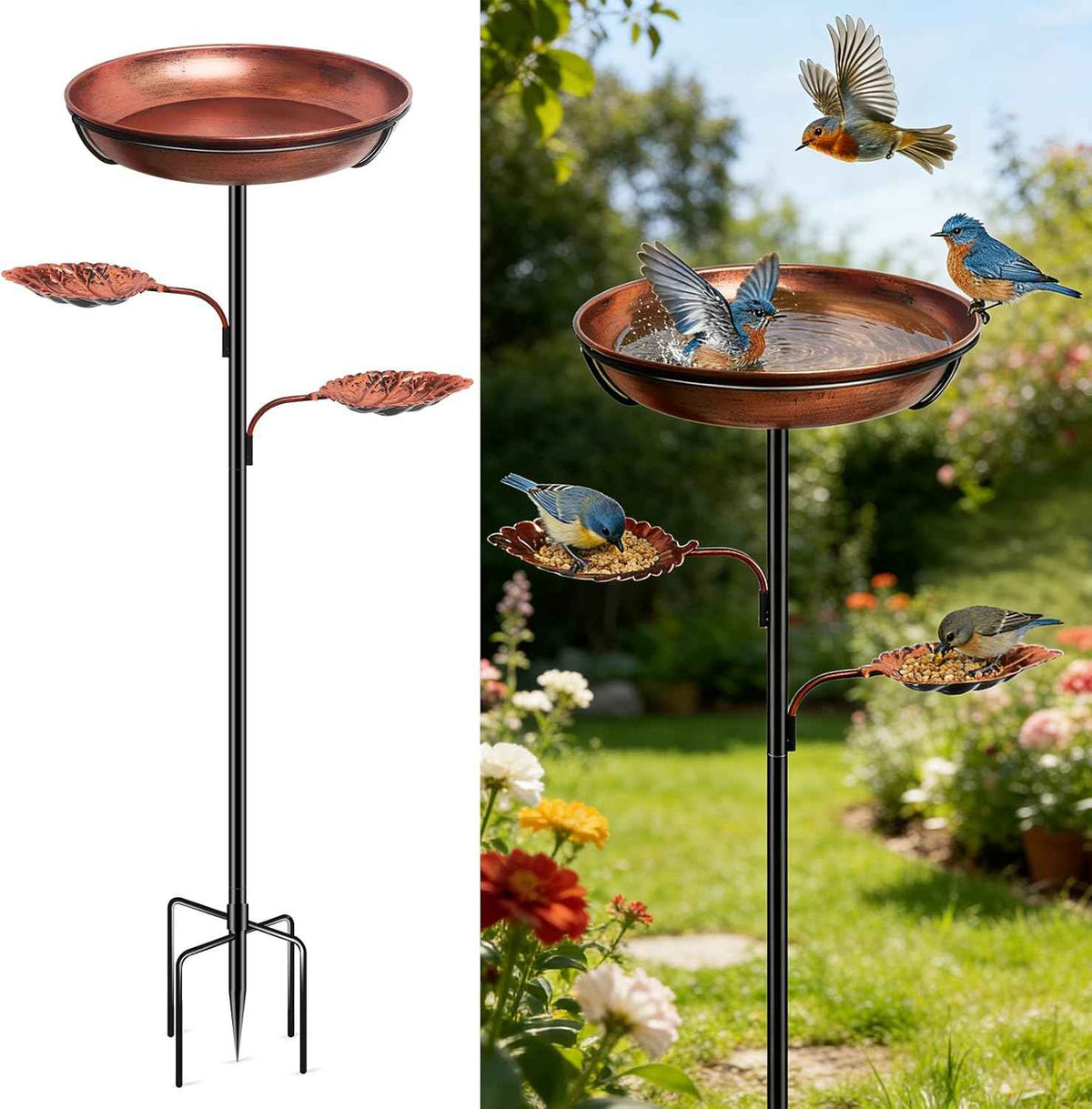 35'' Metal Bird Bath for Outside, 12 x 2-Inch Birdbath Bowl, Bird Feeder | 0.95-Gallon Vintage Brown Freestanding Birdbath with Removable Bowl, 6.5-Inch 5-Pronged Base for Gardens, Patios and Yards