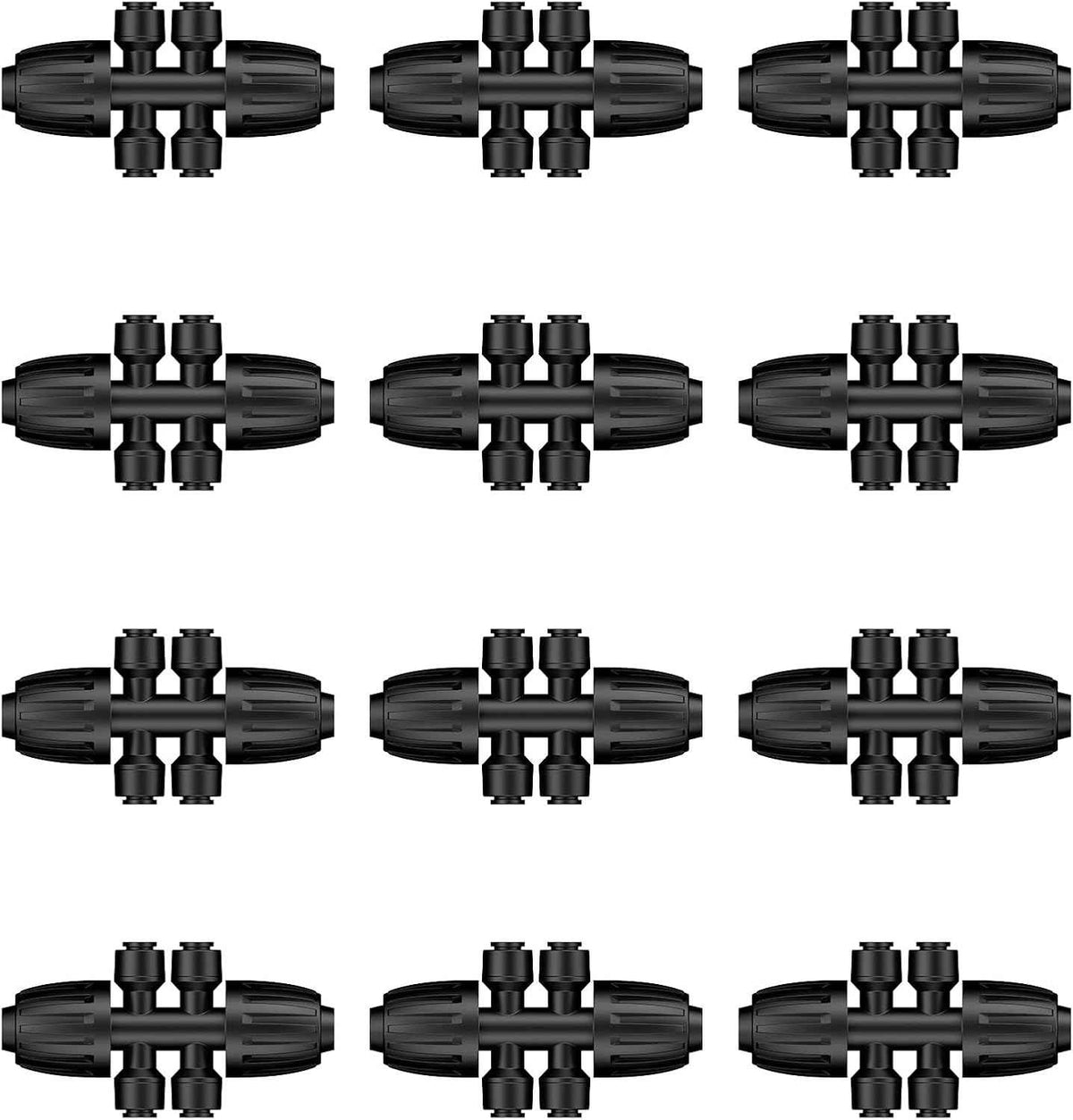 Pawfly 12 Pcs 1/2'' to 1/4'' Drip Irrigation Fittings, Anti-Leak Reducing Tees, Push-to-Fit Drip Irrigation Parts for Garden Lawn, 6-Way Barbed Tee Quick Connectors with Anti-Drop Locked Nuts