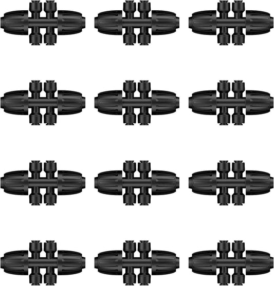 Pawfly 12 Pcs 1/2'' to 1/4'' Drip Irrigation Fittings, Anti-Leak Reducing Tees, Push-to-Fit Drip Irrigation Parts for Garden Lawn, 6-Way Barbed Tee Quick Connectors with Anti-Drop Locked Nuts