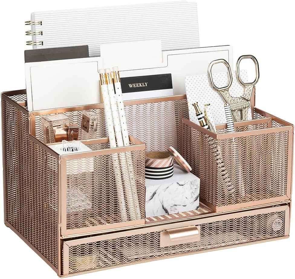 BLU MONACO | Rose Gold Desk Organizer with Sticky Note & File Holder | Metal Mesh Desktop Organizer with Large Drawer & 8 Compartments | Stylish Office, Vanity & Countertop Storage