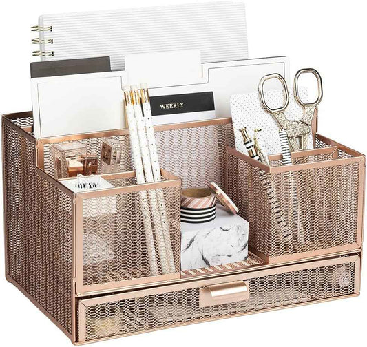 BLU MONACO | Rose Gold Desk Organizer with Sticky Note & File Holder | Metal Mesh Desktop Organizer with Large Drawer & 8 Compartments | Stylish Office, Vanity & Countertop Storage