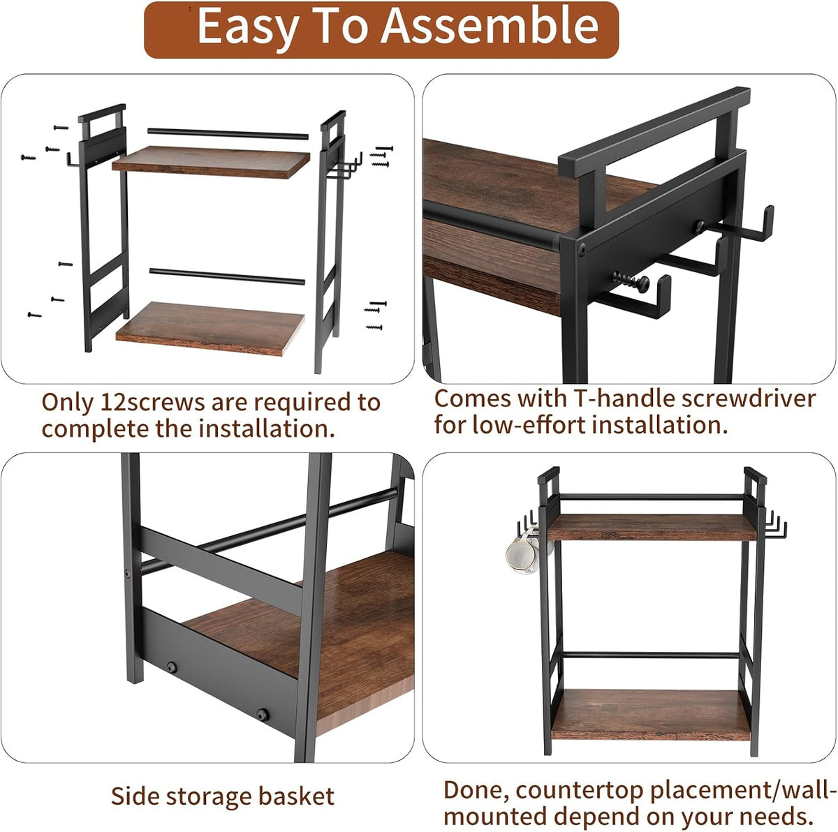 KLM 2 Tier Coffee Bar Organizer for Home Office, Spice Rack for Countertop, Kitchen Counter Storage Shelf with Hanging Basket, Coffee and Tea Condiment Station Organizer - Field & Nook