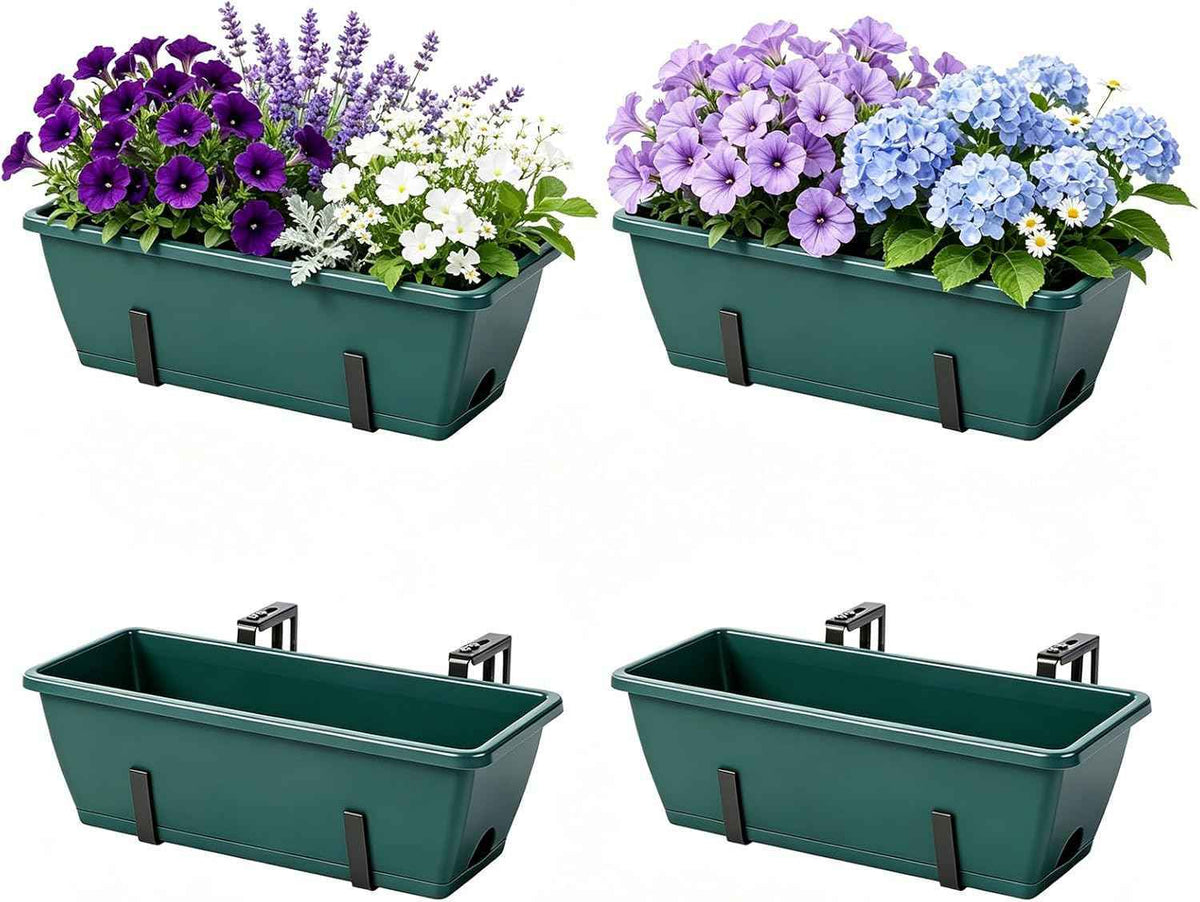 Railing Planter Box 4 Pack Deck Porch Railing Planters 17 inch Window Boxes Planters with Adjustable Brackets, Hanging Wall Planters for Plants, Fence Apartment Balcony Patio Over Rail Decor, Green