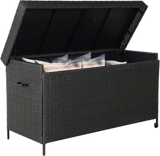 Grand patio 170 Gallon Storage Box, Dark Brown PE Wicker, Minimalist Style, Water Resistant, Flip Top, Smooth Wheels, for Patio Furniture Cushions, Garden Tools, Pool Accessories