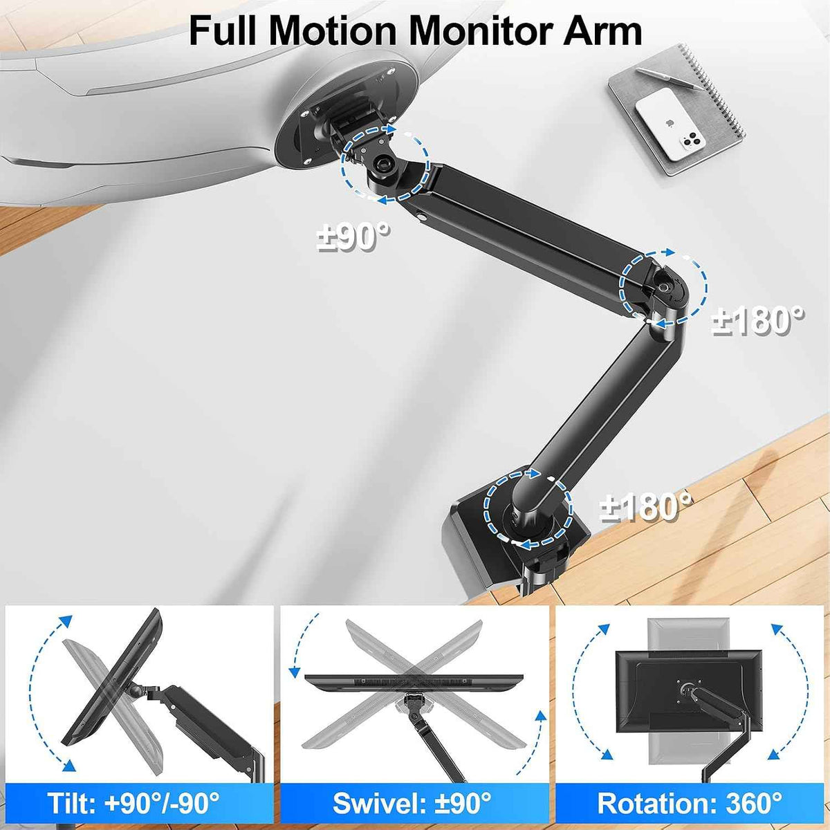 Heavy Duty Monitor Mount for Max 49" Ultrawide Screens | Hold up to 44 lbs, Premium Single Monitor Arm for Samsung Odyssey G9 and More, Adjustable Gas Spring Desk Stand, VESA Mount