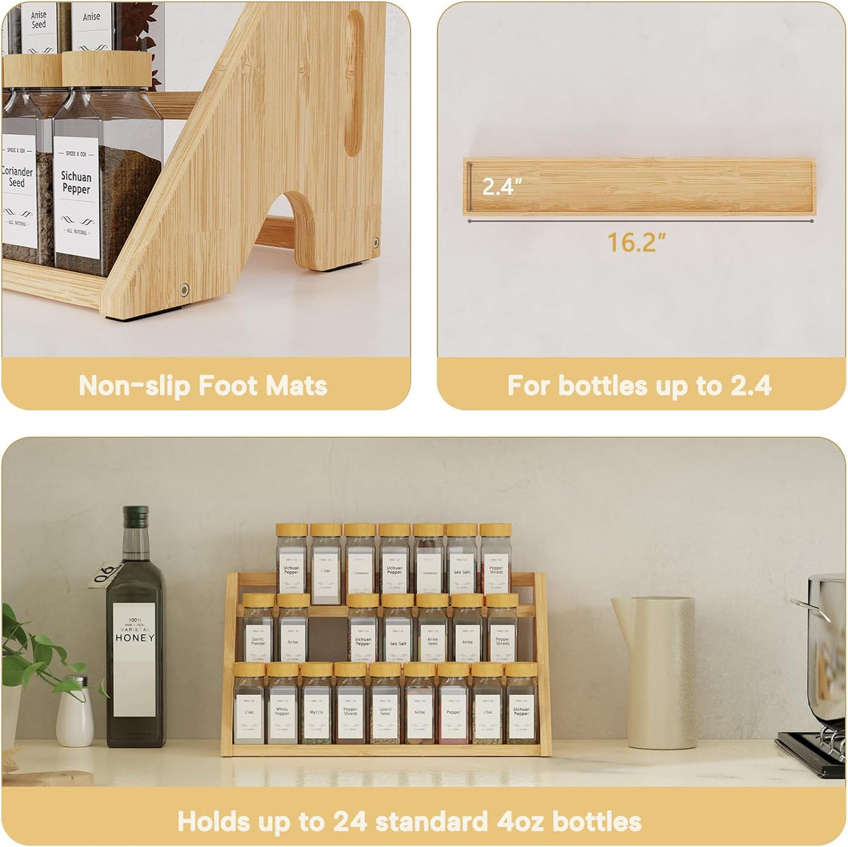 Bamboo Spice Rack Organizer -3-Tier Spice Rack for Countertop,Cabinet Spice Rack Organizer for 24 Spice Jars(4oz)，Step Shelf (yellow) - Field & Nook