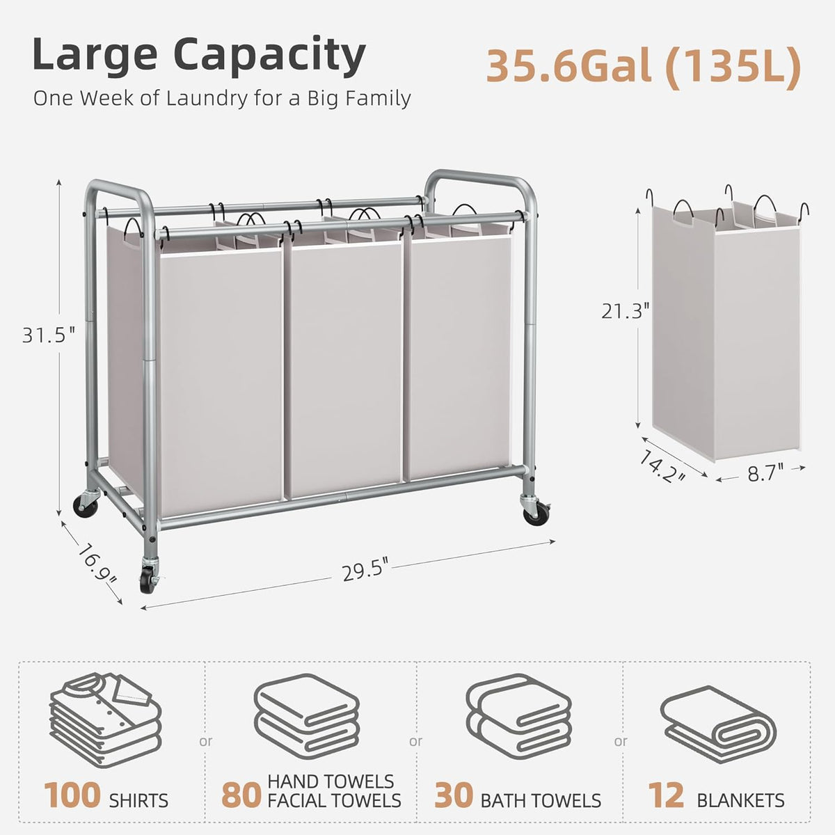 135L Heavy-Duty 3-Bag Rolling Laundry Sorter - Field & Nook