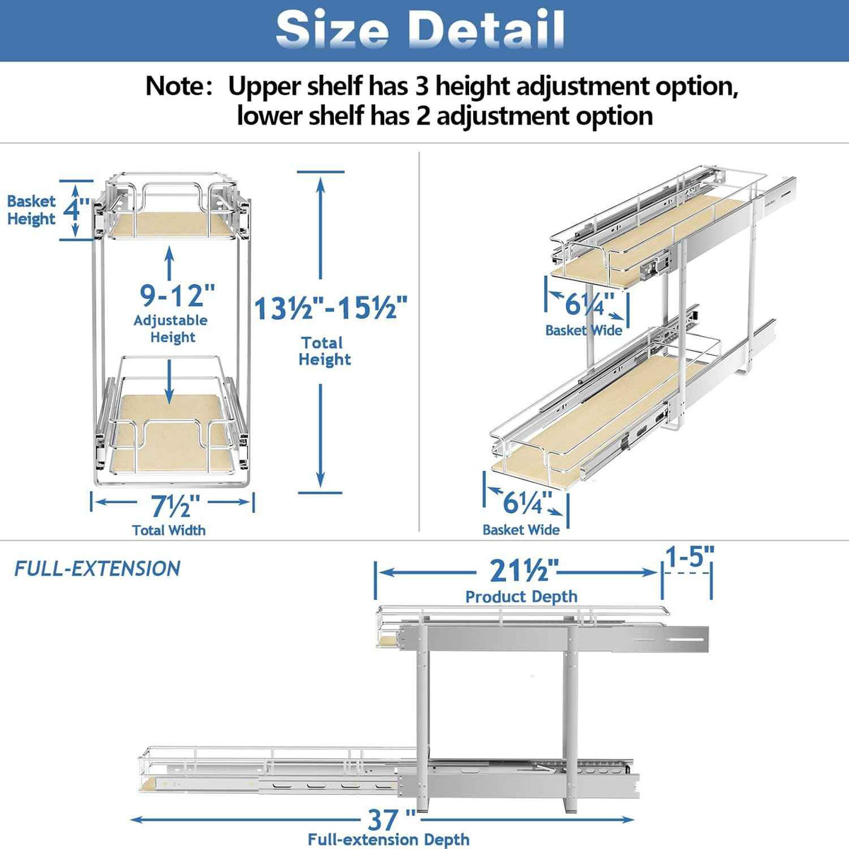 ROOMTEC 2 Tier Pull Out Cabinet Organizer, 7½"W x 21½"D