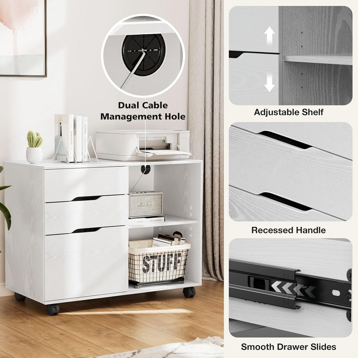 DUMOS File Cabinet with 3 Drawers, Wood Under Desk Storage Printer Stand | Rolling Lateral Filing Cabinet with Adjustable Shelves for Home Office Study Organizatiom, Classic White - Field & Nook