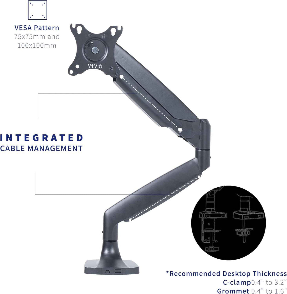 VIVO Premium Aluminum Heavy Duty Single Monitor Arm for Ultrawide Monitor up to 40 inches and 24 lbs, Desk Mount Stand, Pneumatic Height, Max VESA 100x100, Black, STAND-V101Q