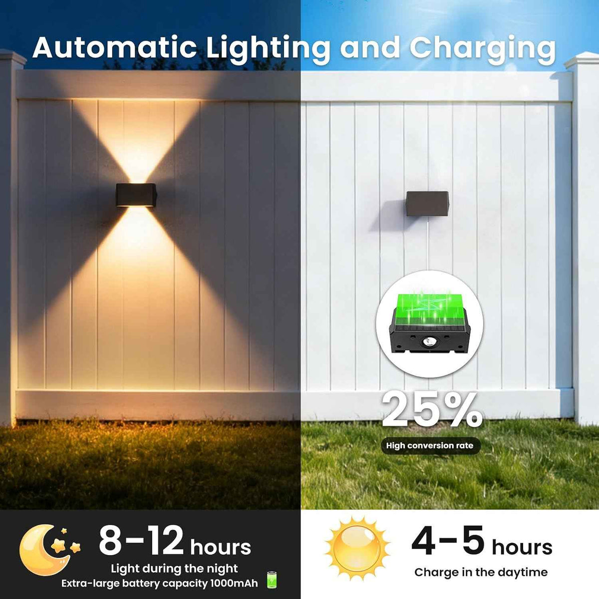 Solar Fence Lights Outdoor, 6 Pack Up and Down Wall Lights, Warm White | IP67 waterproof design; dusk-to-dawn outdoor wall decor for fences, patios, decks, gardens, yards, railings and pathways