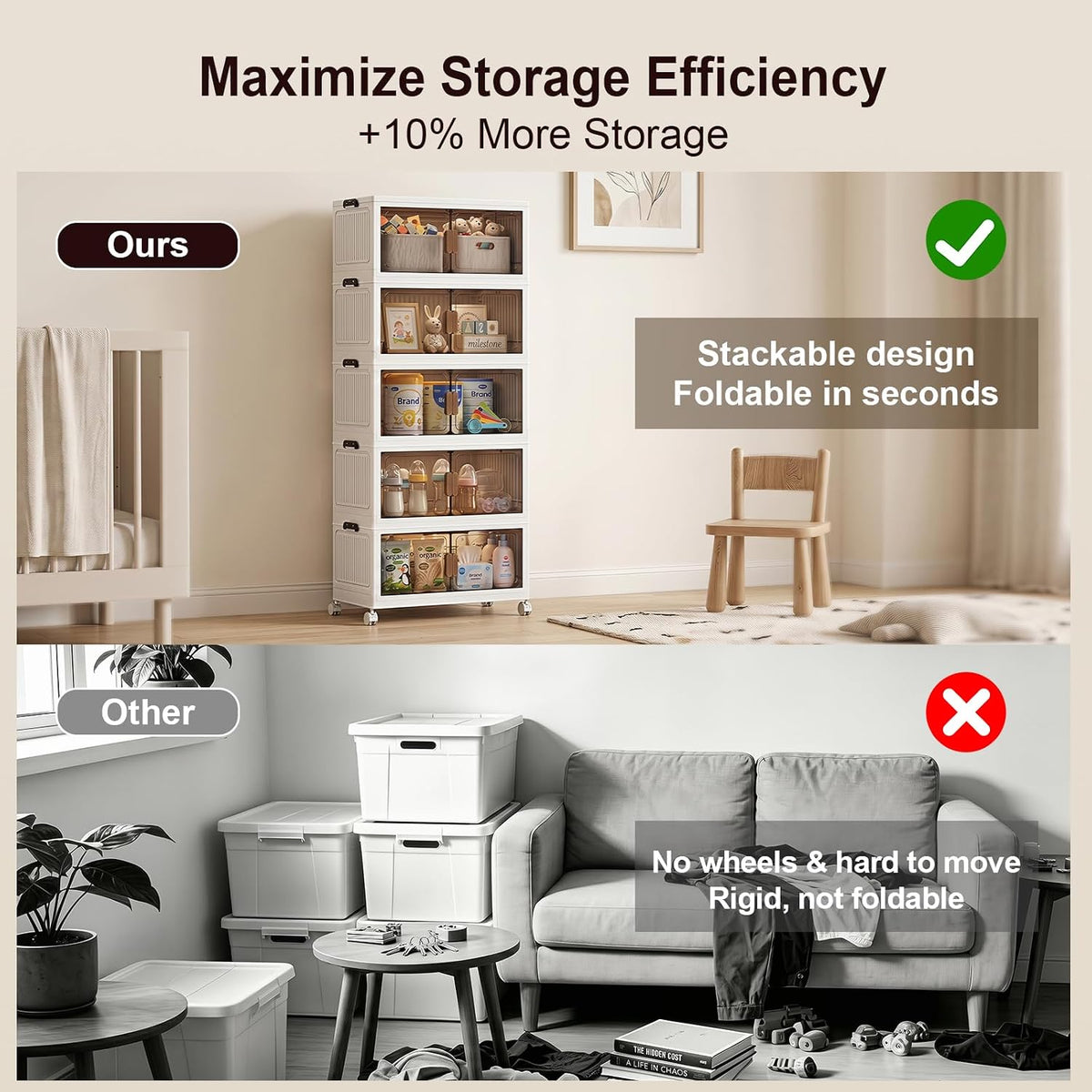 120QT Stackable Storage Bins With Lids, Collapsible Plastic Storage Bins with Wheels and Doors, Foldable Plastic Cabinets for Bedroom Dorm Garage Office Kitchen, 5 Pack - Field & Nook