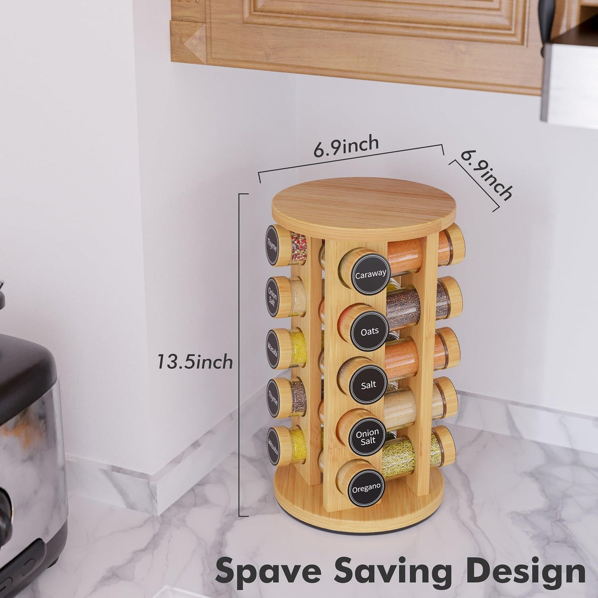 Revolving Spice Rack Set with 20 Spice Jars, Kitchen Spice Tower Organizer for Countertop or Cabinet - Carousel Storage Includes 386 Spice Labels (Bamboo) - Field & Nook