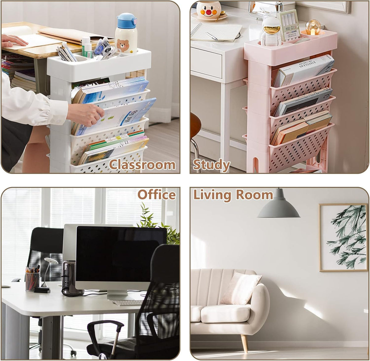 Pink Rolling Office Paper Organizer, Mobile Book Cart Document Folder File Storage with Pen Holder, Slim Rolling Storage Cart Movable Bookshelf for Office, Dorm, Classroom, Nursery - Field & Nook