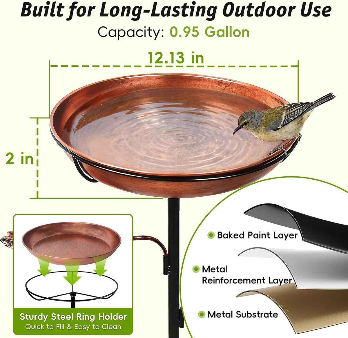 35'' Metal Bird Bath for Outside, 12 x 2-Inch Birdbath Bowl, Bird Feeder | 0.95-Gallon Vintage Brown Freestanding Birdbath with Removable Bowl, 6.5-Inch 5-Pronged Base for Gardens, Patios and Yards