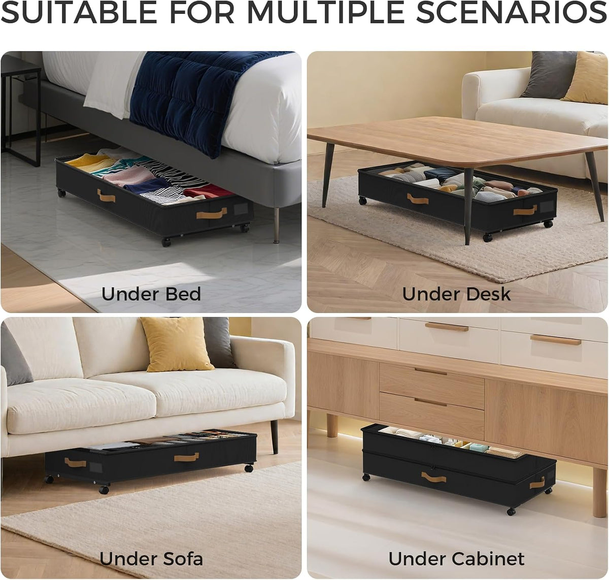 75L 2 Pack Adjustable Under Bed Storage with Wheels | Underbed containers with clear lids, rolling under bed shoe storage organizer for dorm home clothes, blankets, shoes, black - Field & Nook