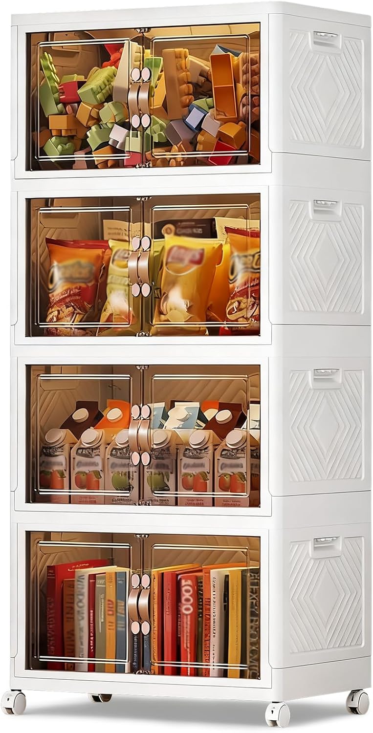 Collapsible Storage Bins with Lids&Wheels-252QT(63Gal) Stackable Plastic Containers with Doors,Heavy-Duty Foldable Organizer Bins for Home,Office,Books,White,4-Pack - Field & Nook