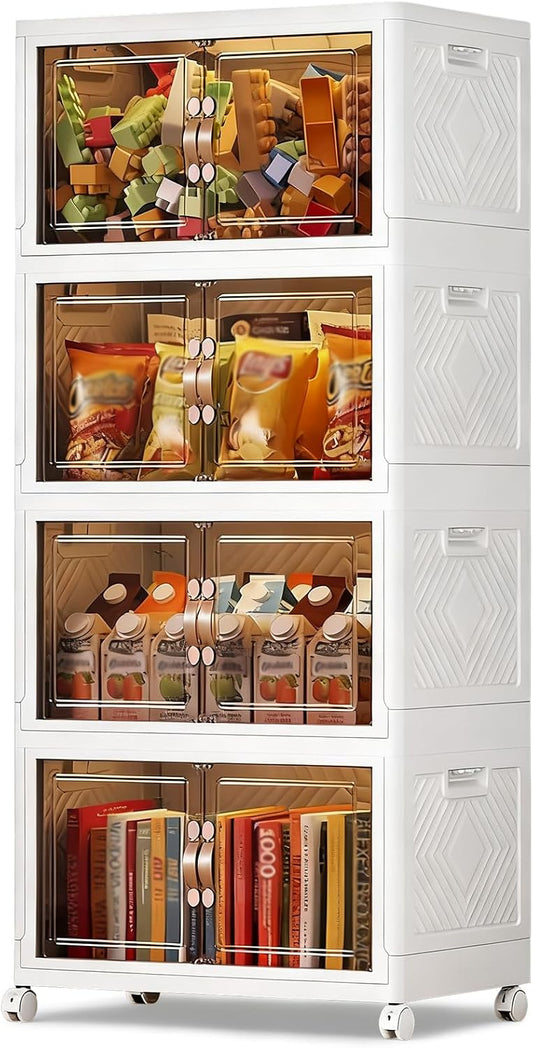 Collapsible Storage Bins with Lids&Wheels-252QT(63Gal) Stackable Plastic Containers with Doors,Heavy-Duty Foldable Organizer Bins for Home,Office,Books,White,4-Pack - Field & Nook