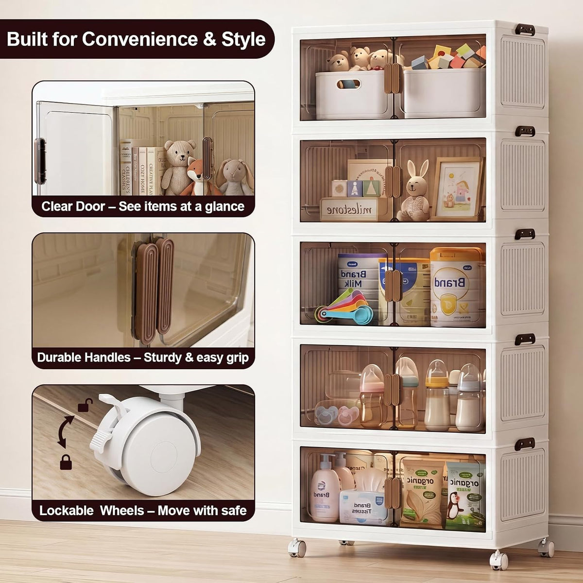 120QT Stackable Storage Bins With Lids, Collapsible Plastic Storage Bins with Wheels and Doors, Foldable Plastic Cabinets for Bedroom Dorm Garage Office Kitchen, 5 Pack - Field & Nook