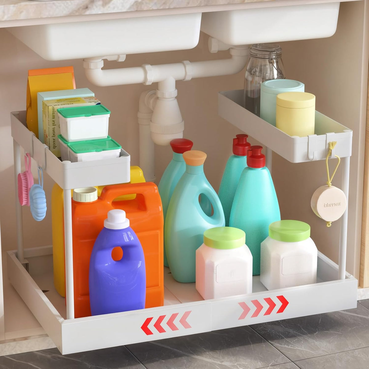 Expandable Under Sink Organizers and Storage,Width Adjustable (14.9-23.6IN),No Drill 2-Tier Pull Out Under Cabinet Organizer for Kitchen Bathroom Laundry White - Field & Nook