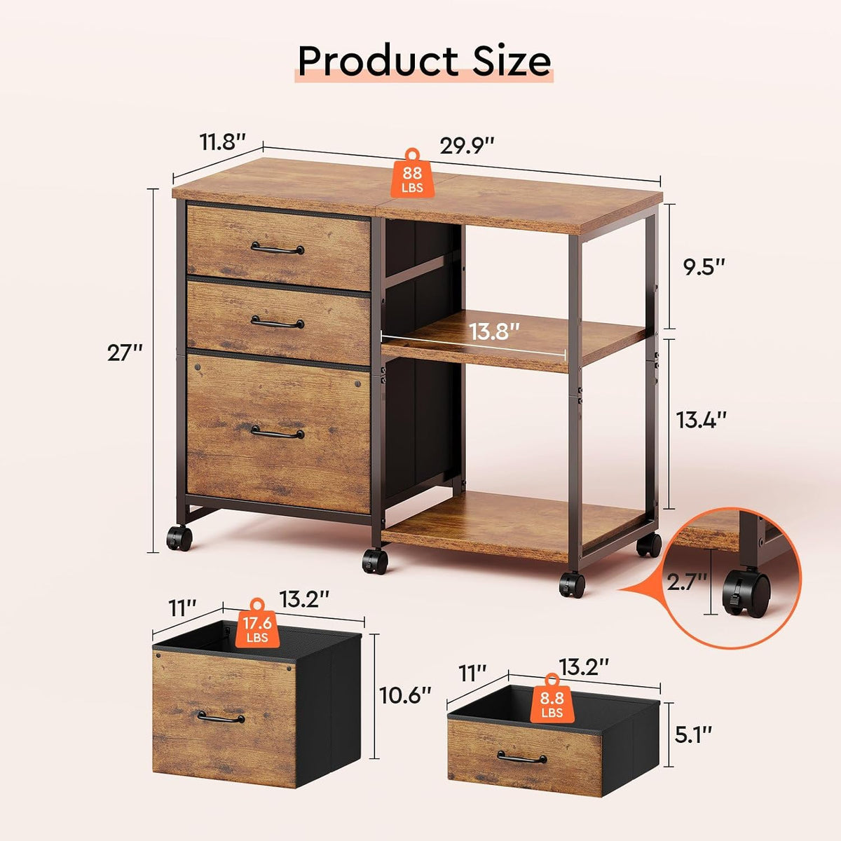 3 Drawer File Cabinet with Wheels with Open Storage Shelf | Rustic Brown2, Rolling Printer Stand Fabric Lateral Filing Cabinet for Home Office - Field & Nook