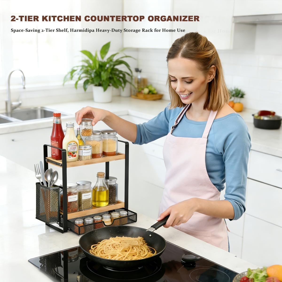 2-Tier Spice Rack Organizer for Countertop with Drawer and Basket - Field & Nook