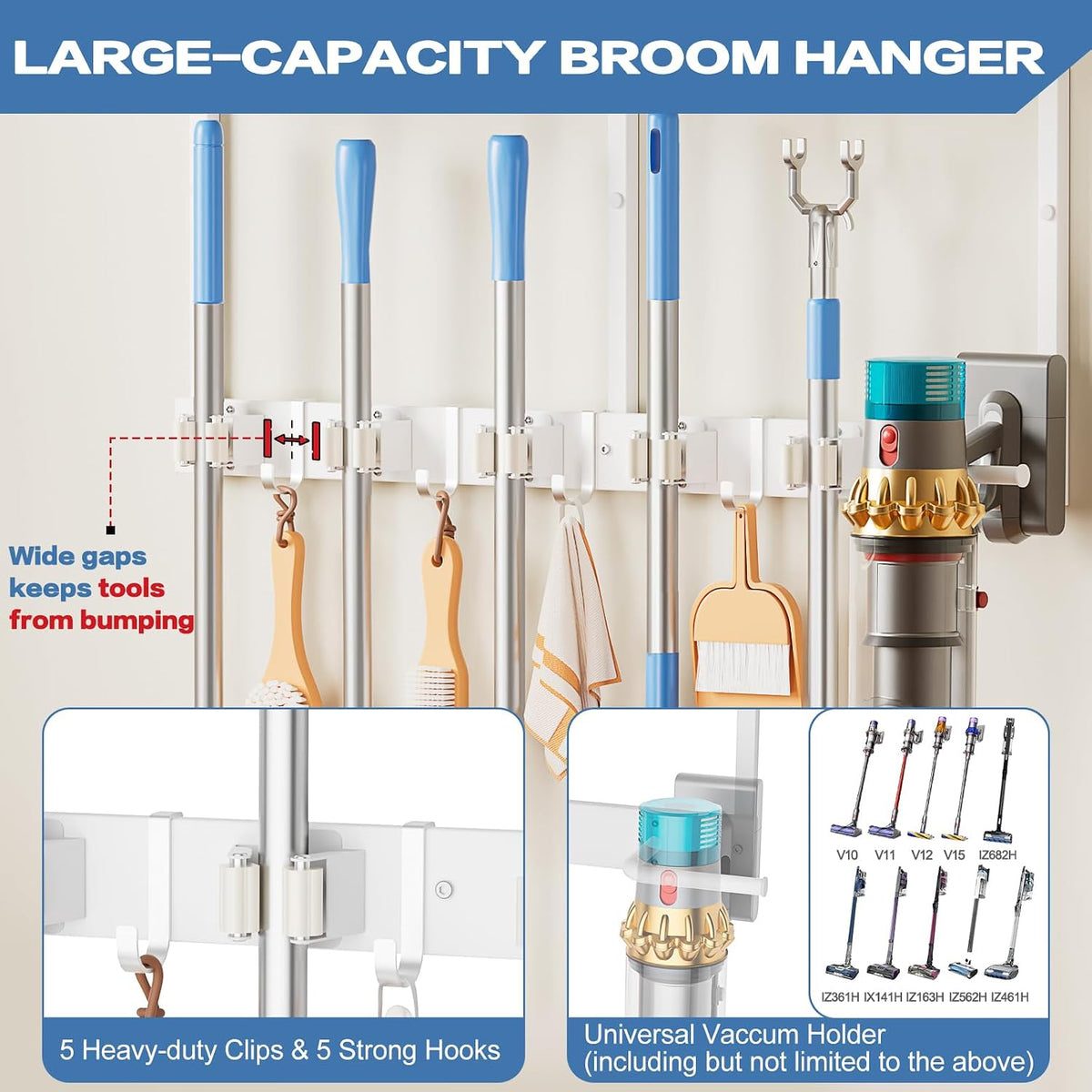 Broom Holder Wall Mount with Cleaning Supplies Organizer - Field & Nook