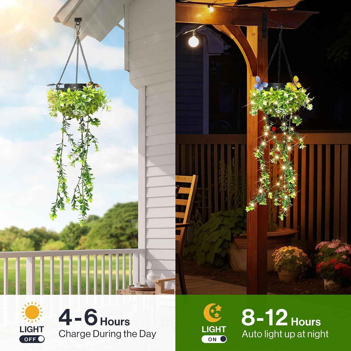 Solar Hanging Garden Lights, 2 Pack 66 LED Outdoor Lights with Realistic Milan Grass & White Flowers, IP65 Waterproof Solar Lanterns for Patio, Porch, Fence, Pergola & Backyard Decor, Auto On/Off